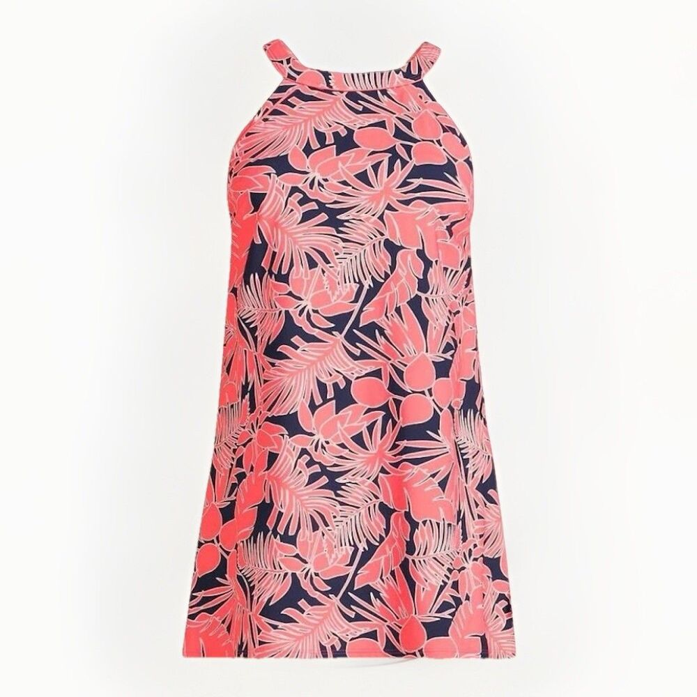 Lands' End Chlorine Resistant High Neck Swim Dress Swimsuit Size 16 Coral/Navy